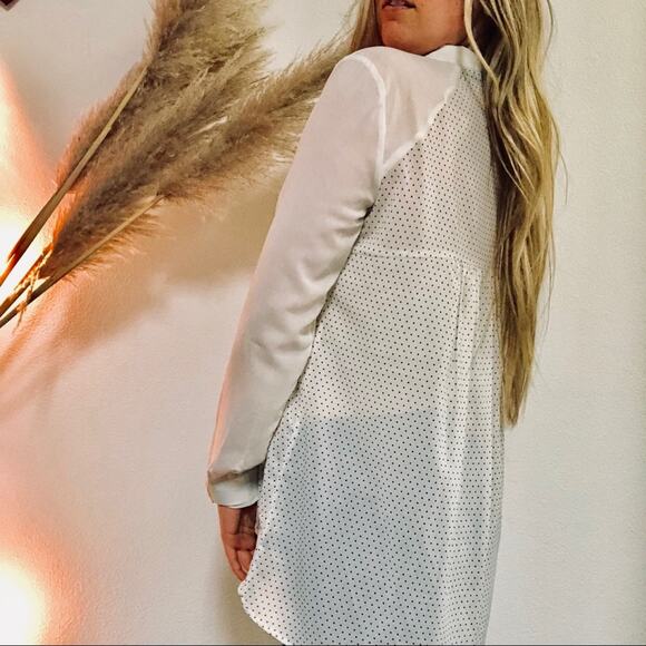 ANTHROPOLOGIE MAEVE White Black Polka Dot Long Sleeve Pleated Blouse Shirt Top 4 - Picture 2 of 7